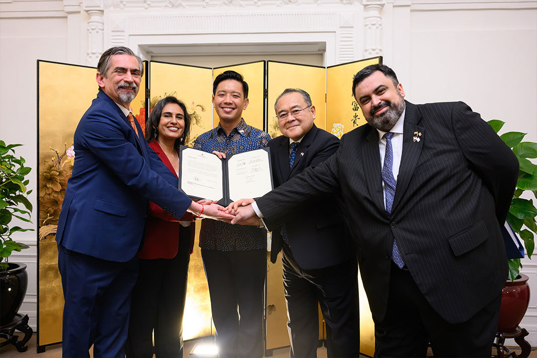Minister of State, Ministry of Trade and Industry Alvin Tan with Peruvian, Chilean and Mexican Ambassadors to Singapore and then Ambassador-designate of Colombia to Singapore marking the Pacific Alliance's Free Trade Agreement's entry into force for Singapore, Peru and Chile in May 2025.